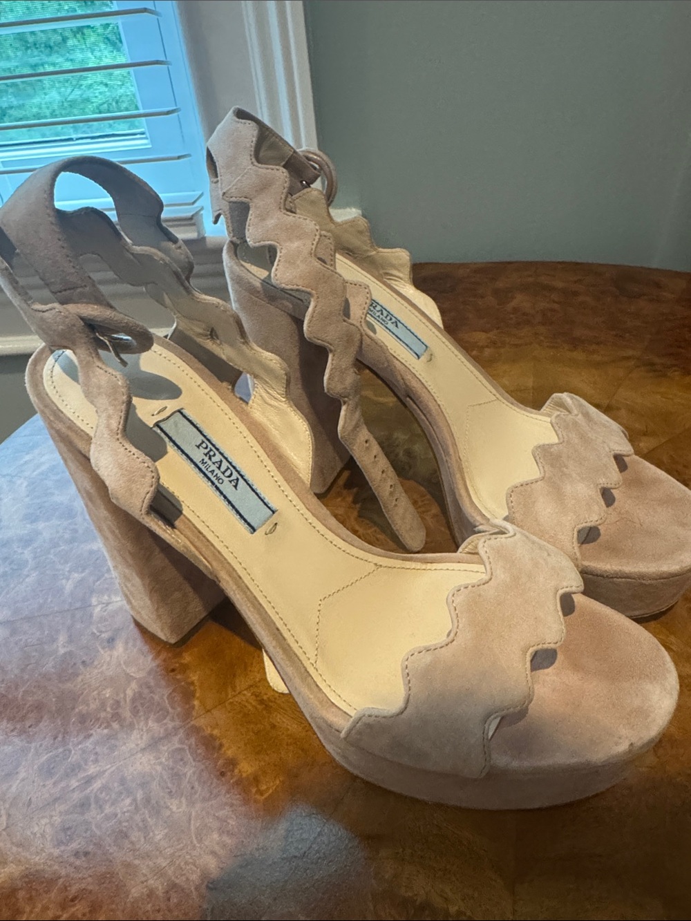 Prada Pink Suede Scalloped Platform Sandals - Picture 2 of 8